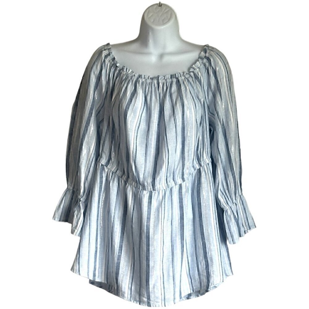 NWT Lane Bryant Linen Blend Off Shoulder Top in Blue, Silver, White - Size 14/16 - Picture 4 of 12